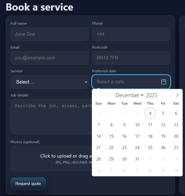 ET Services booking form and date picker