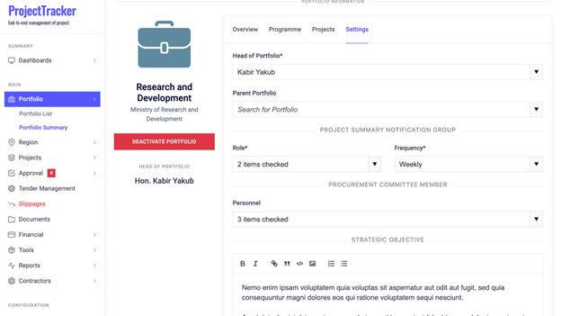 ProjectTracker portfolio configuration screen